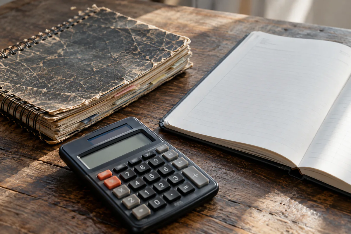 A worn notebook and calculator sit beside a fresh open notebook.