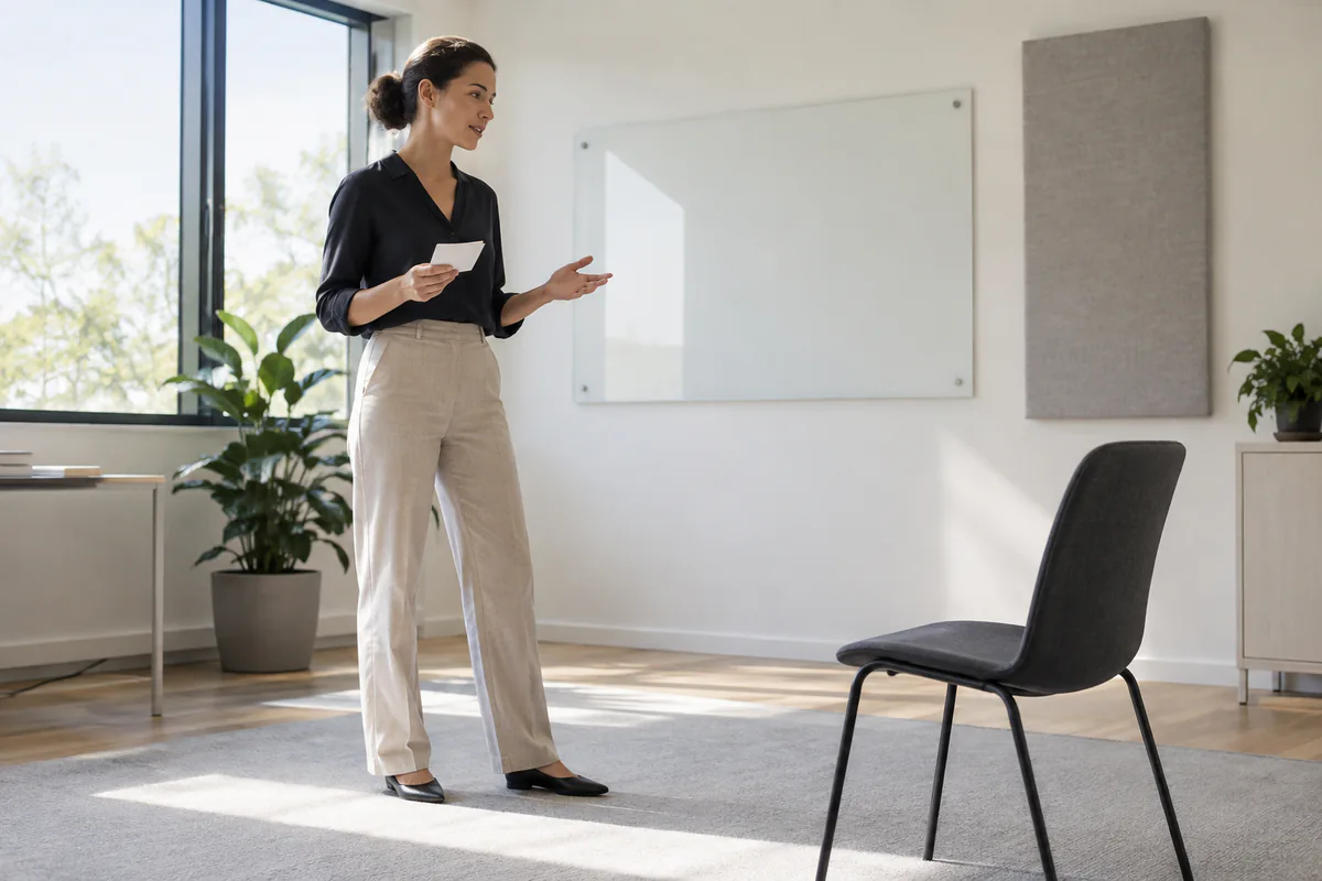 A presenter rehearsing with cue cards in front of an empty chair