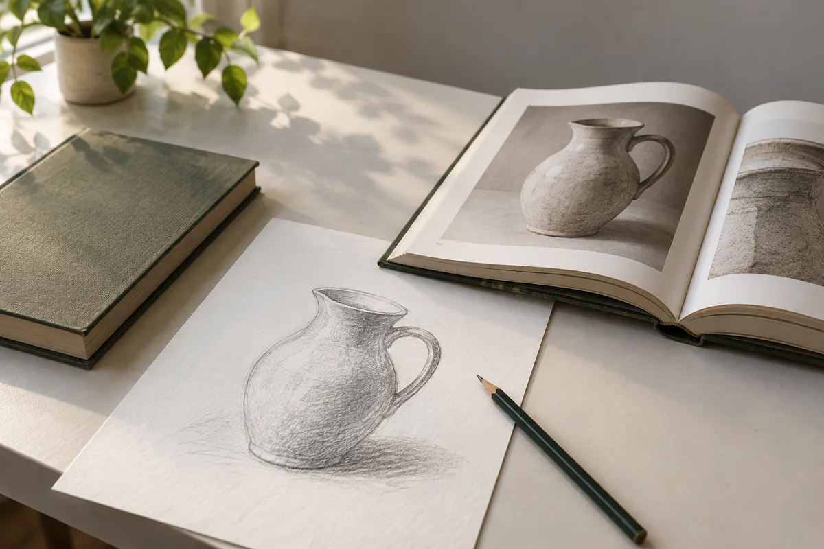 A learner's pencil drawing is compared with a reference image of the same jug.