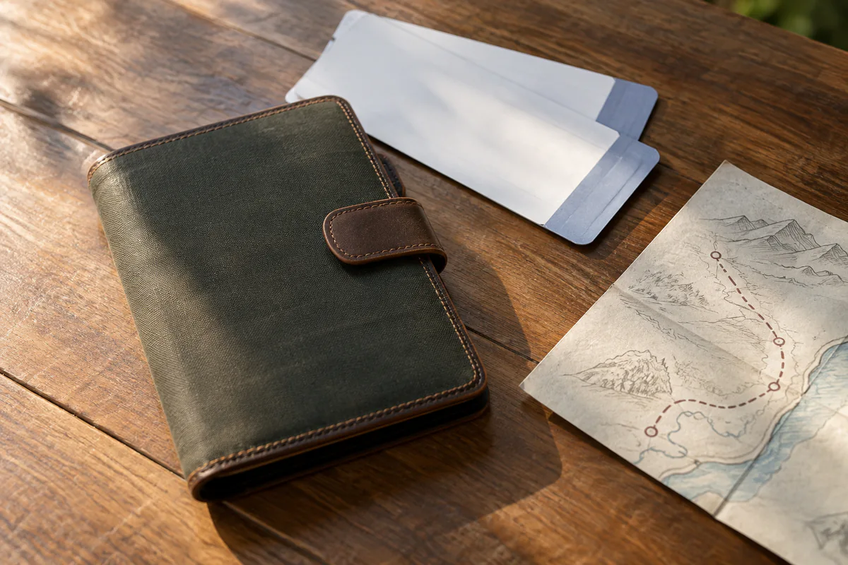 A closed travel organizer beside a map and papers with covered details