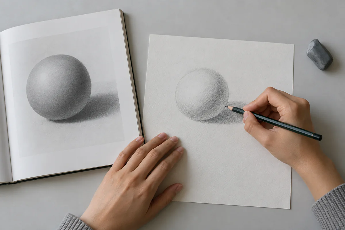 A learner draws a shaded sphere beside a printed reference image.