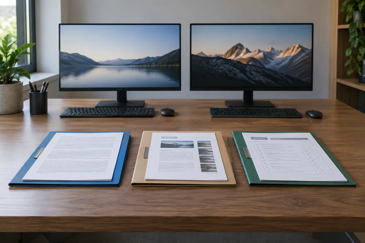 Three test folders sit before a paired-computer workstation