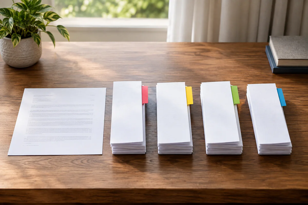A reference page lies beside four stacks of cards separated by colored tabs.