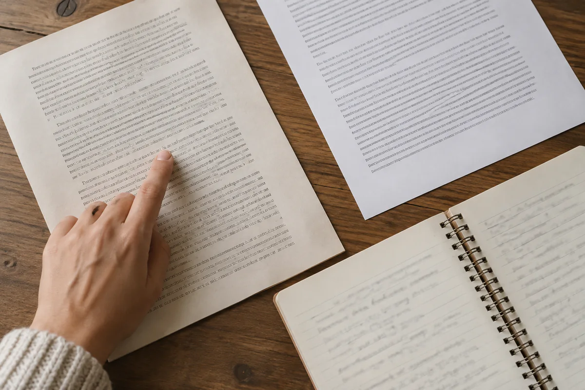 A reader checks a passage against another document and their own notes.