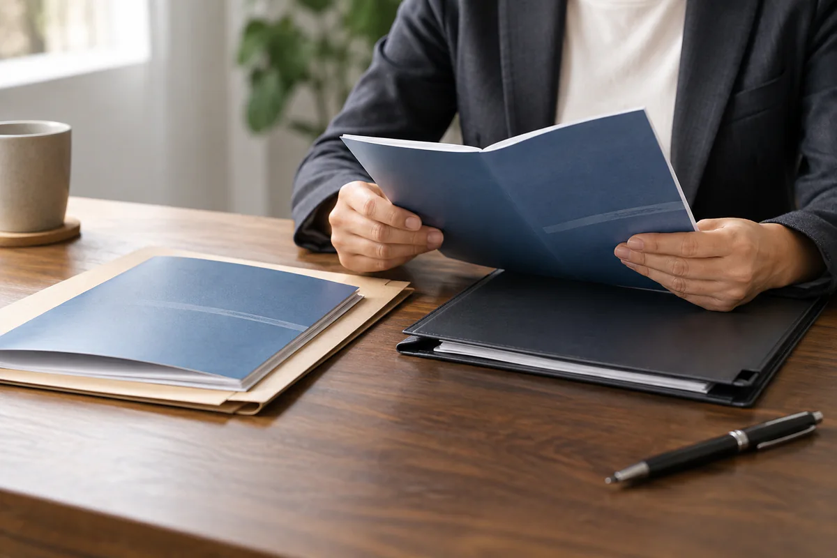 A person checks a plain booklet against a folder of documents