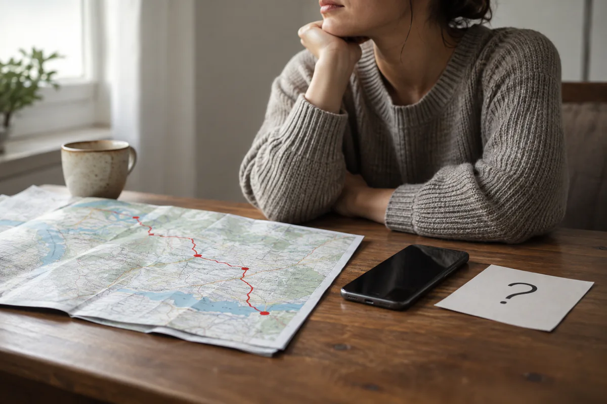 A person pauses over a map beside a phone and a question card
