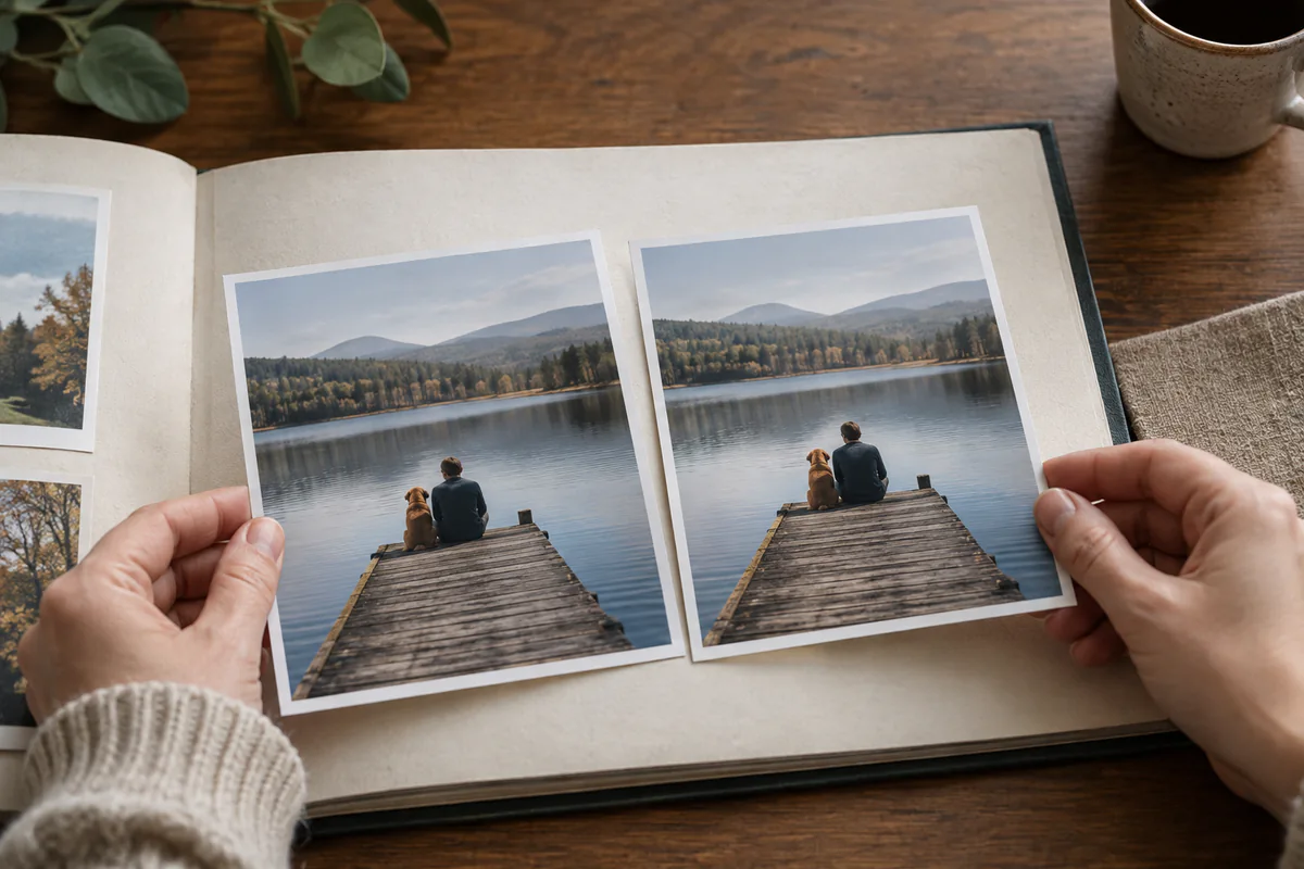 Two versions of a lakeside photograph are compared in a photo album.
