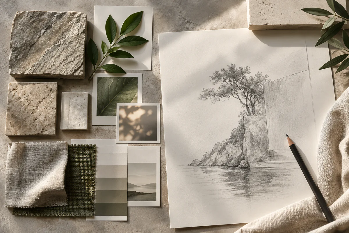 Natural materials, color swatches, and an original drawing form a mood board