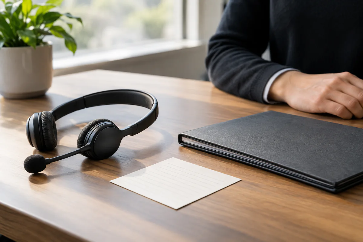 A headset and closed folder wait beside a blank handoff card