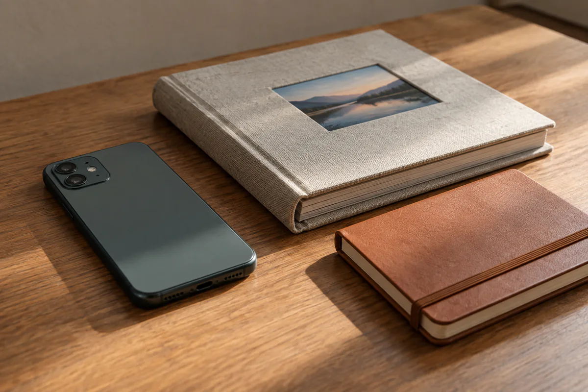 A phone lies beside a family photo album and a closed notebook.