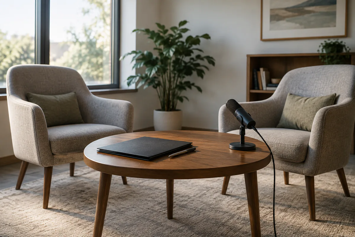 An unused microphone and closed folder between two empty discussion chairs