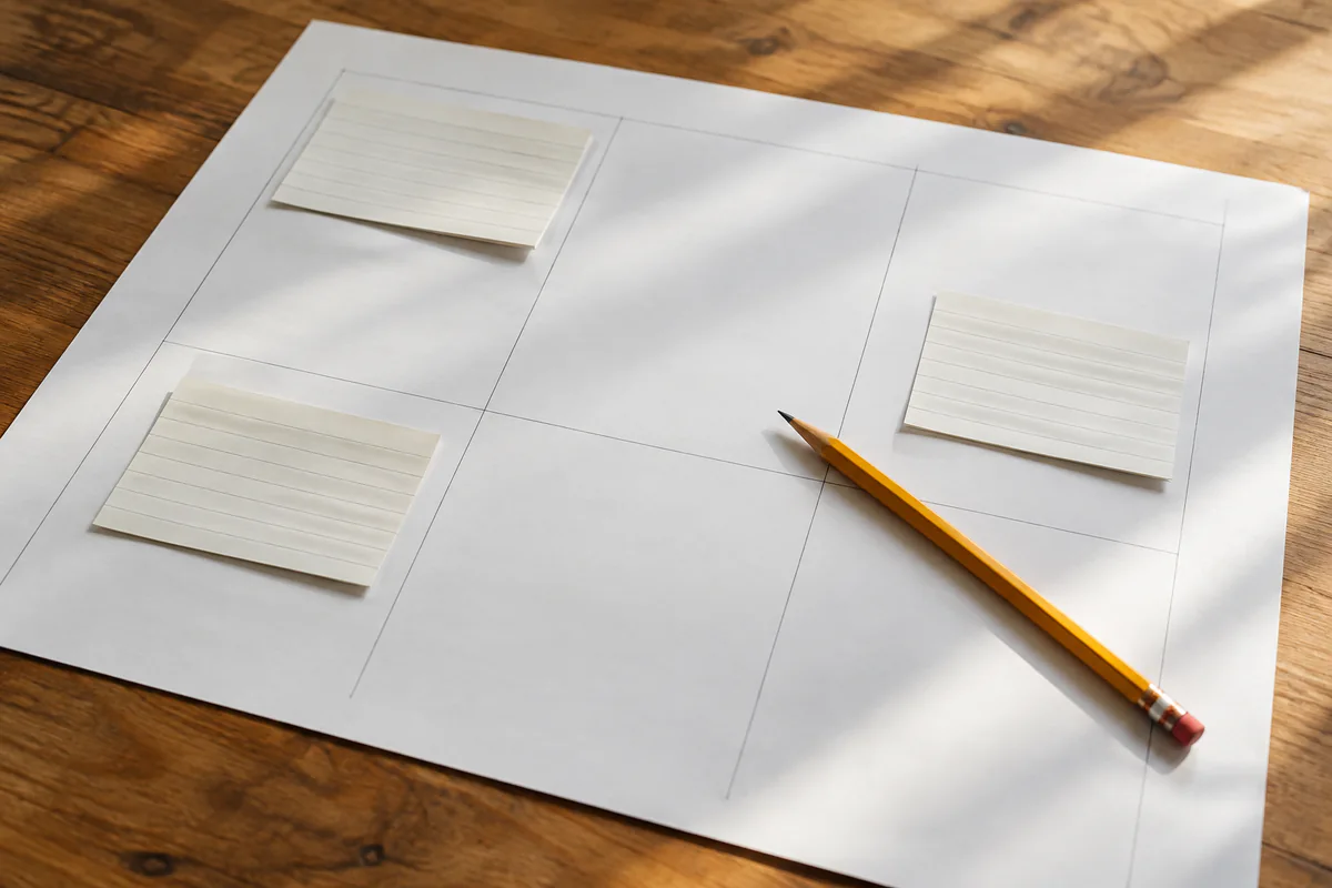 Sparse note cards leave deliberate gaps on a weekly review sheet