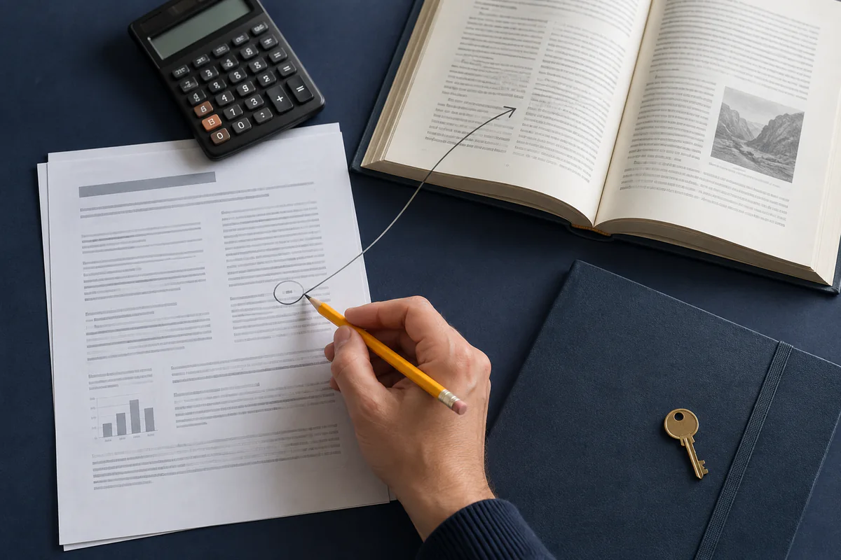 A draft is checked against a reference book beside a calculator and a closed folder.