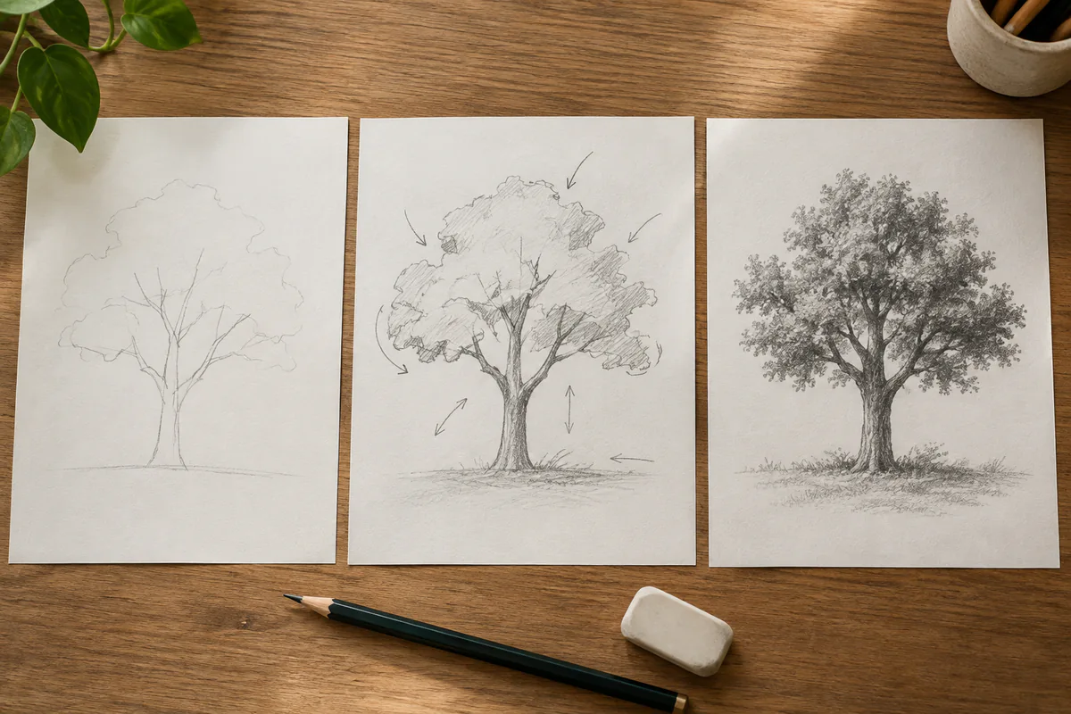 Three pencil drawings of a tree progress from a rough outline to a detailed study