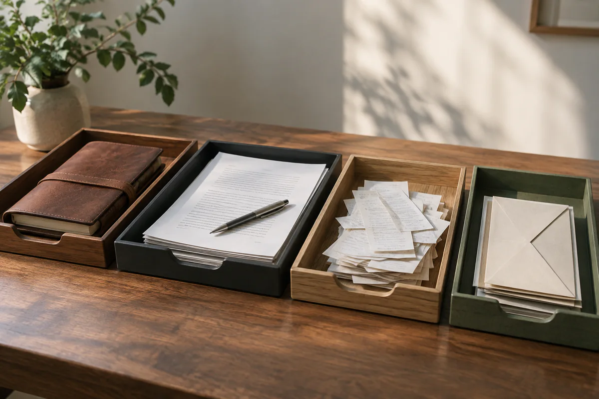 Separate trays hold a personal notebook, documents, receipts and envelopes.