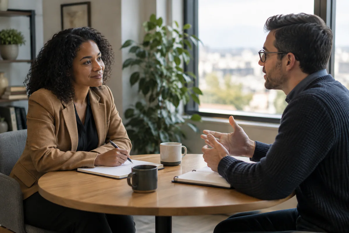 Two people hold an attentive interview conversation with notes