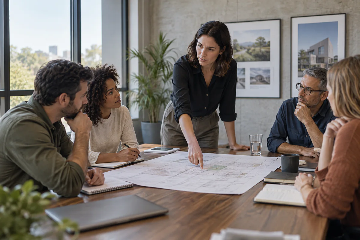 A project lead points to a process plan while the team listens