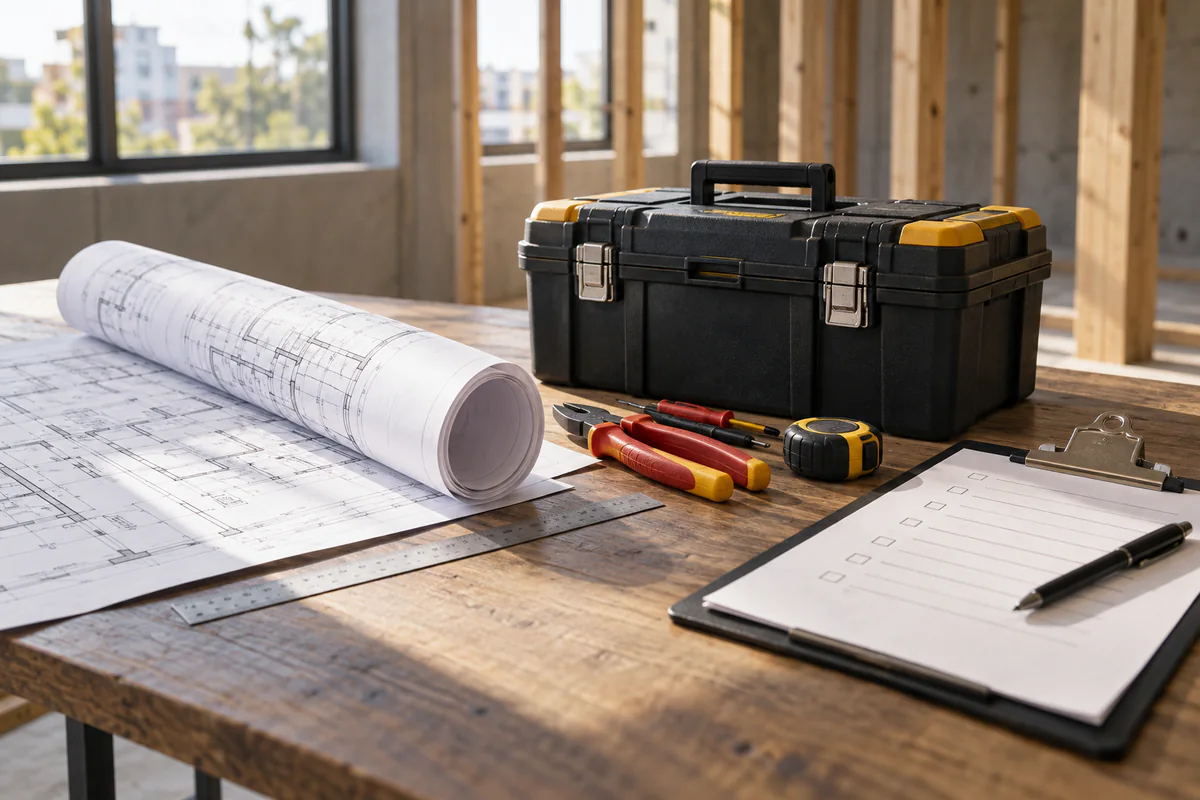 Building plans, a closed tool case, and an inspection checklist