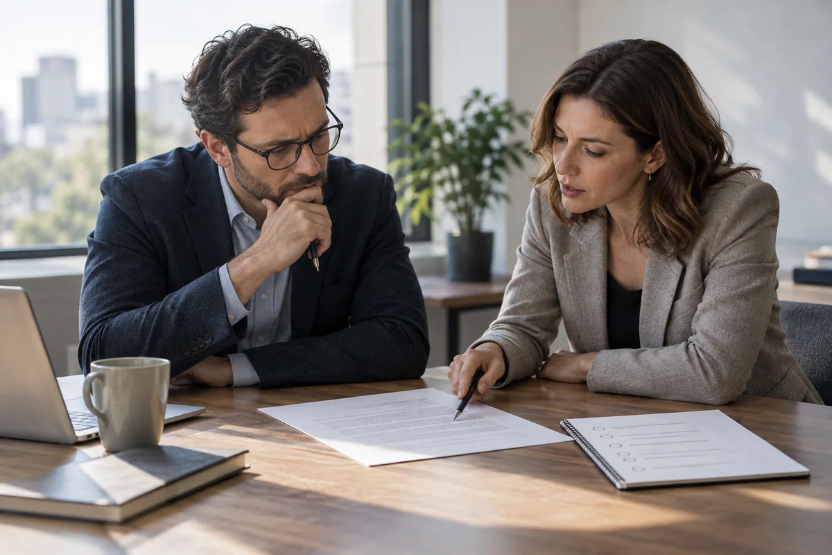 Two colleagues examine an unsigned proposal and its open questions