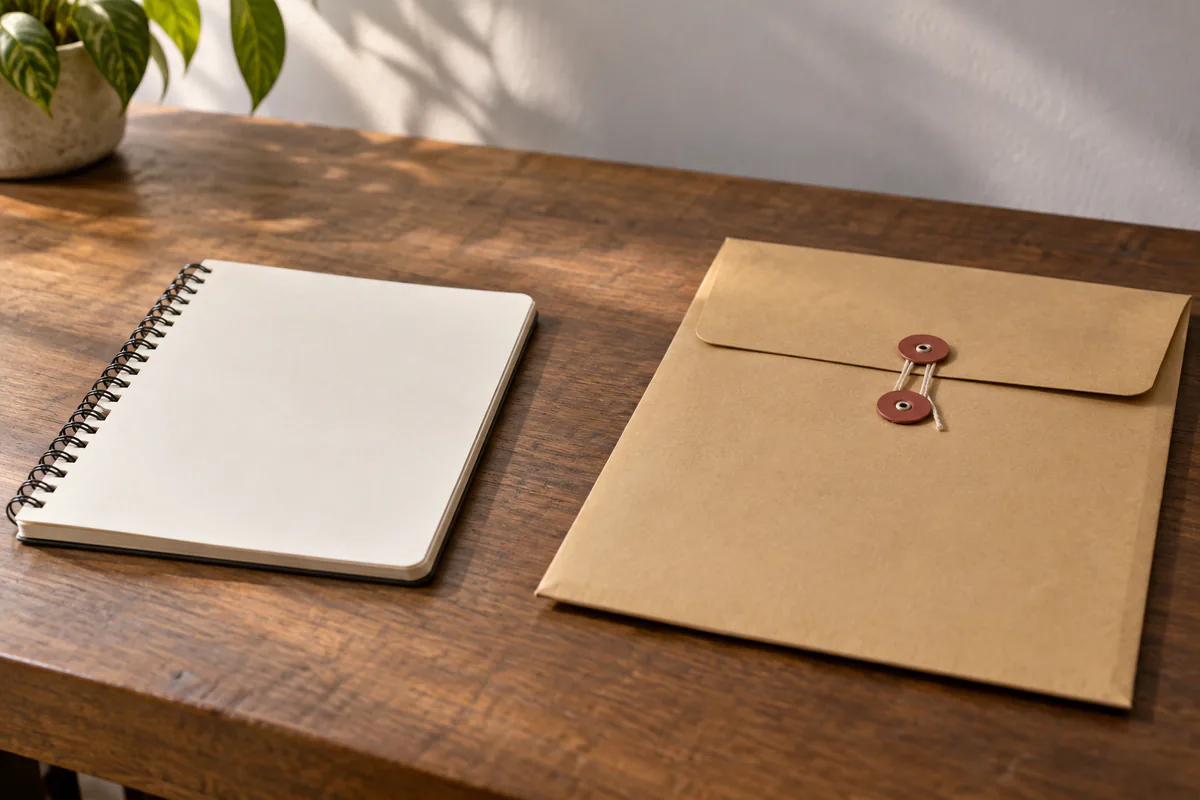 A household notebook beside a separate sealed decision folder