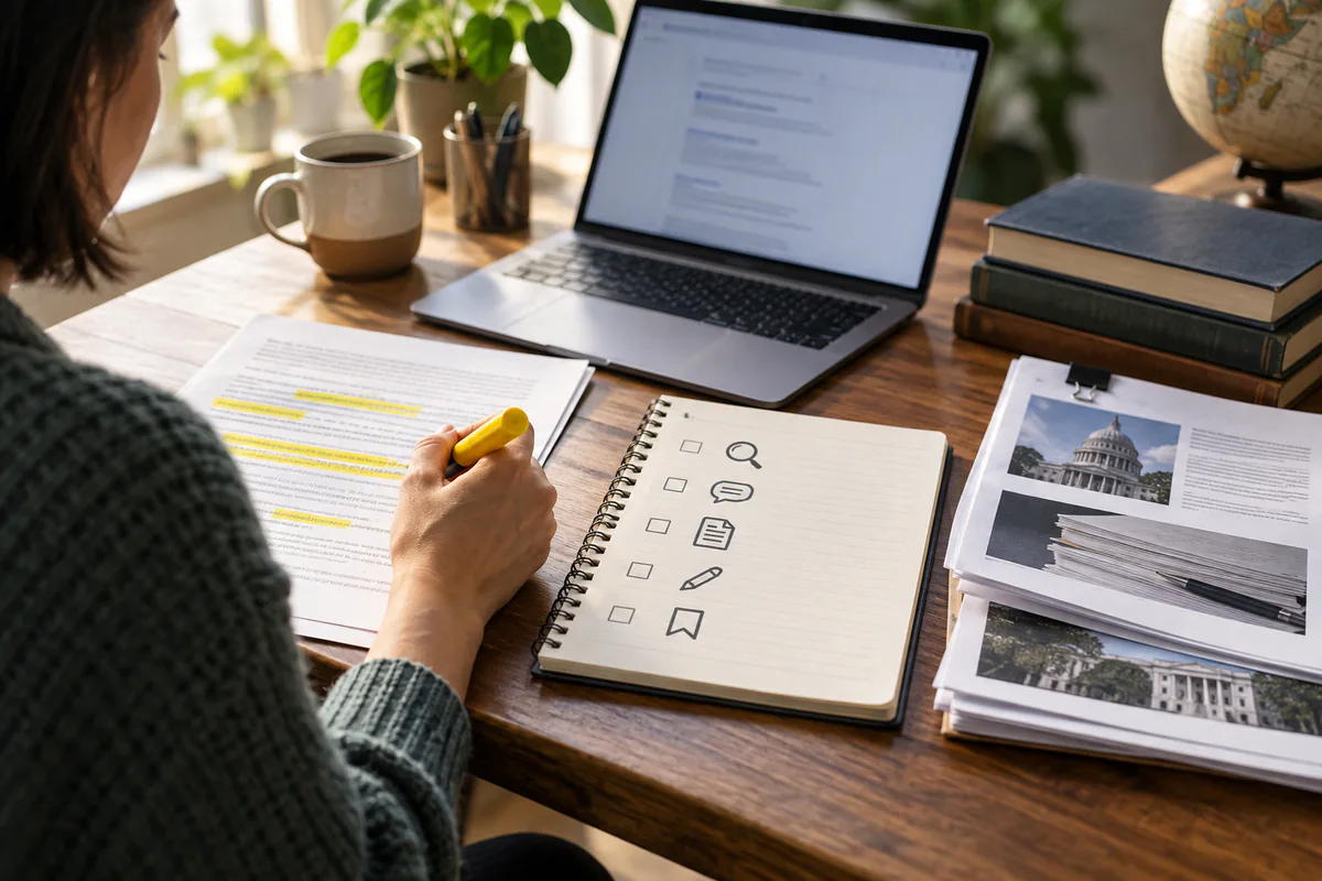 A reader highlights a claim while comparing it with supporting documents and a checklist.