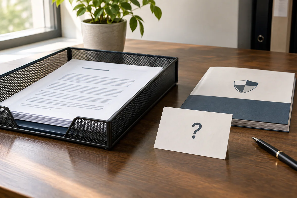 A draft waits in a review tray beside a policy folder and question card
