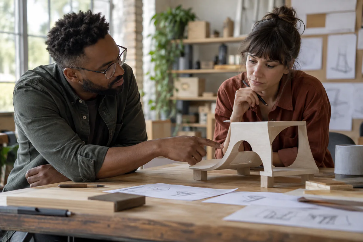A reviewer points to one specific part of a prototype while its maker listens