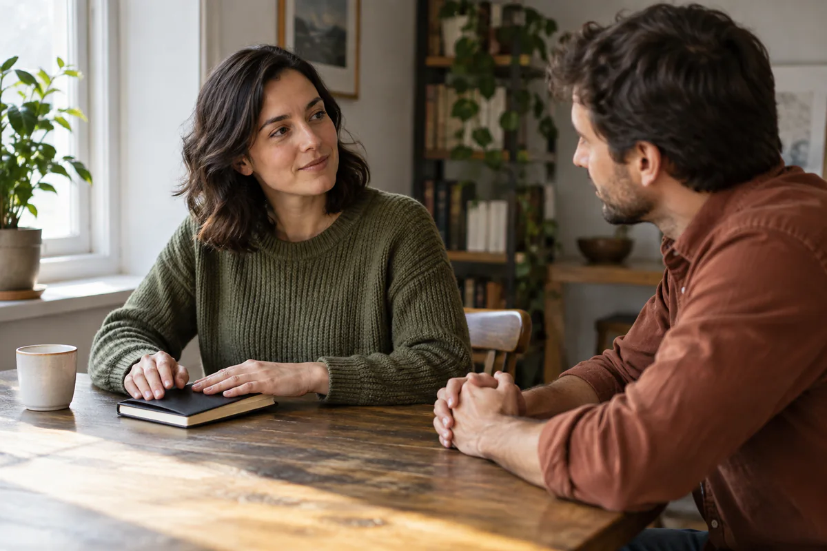 Two adults talk at a table with a closed notebook.