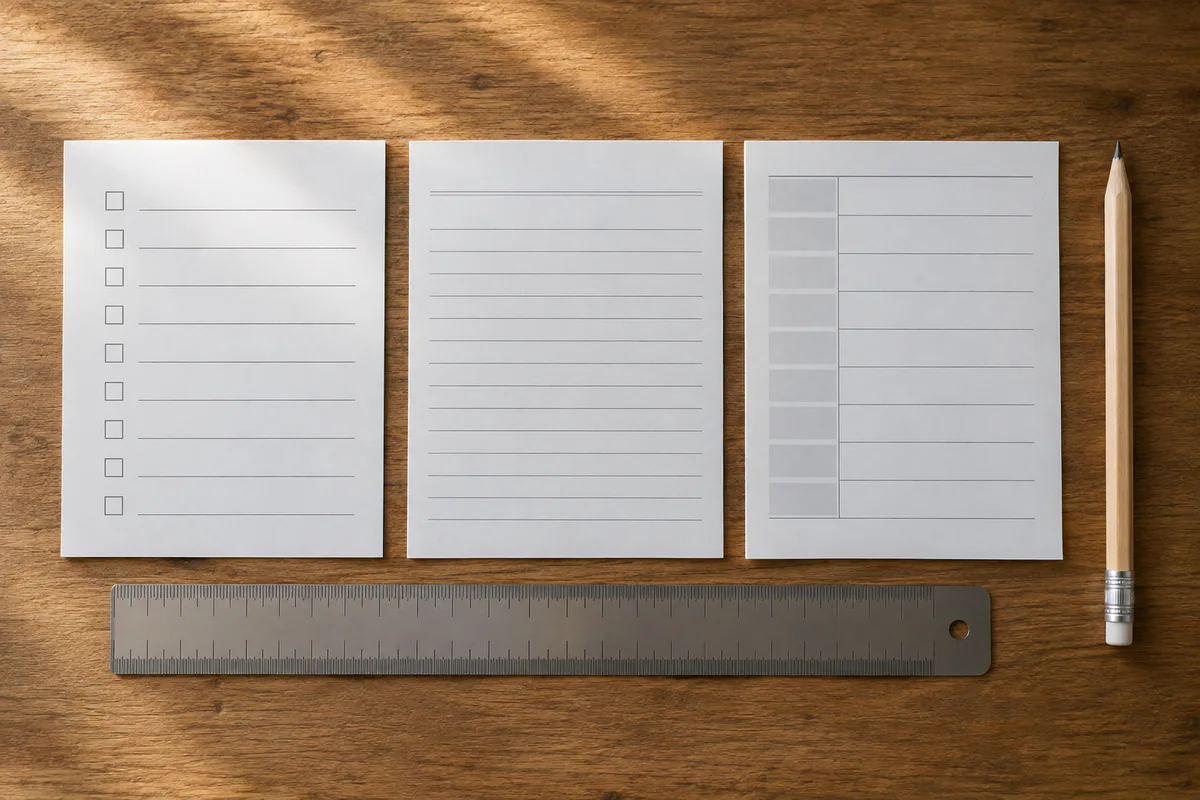 Three different paper layouts arranged beside a ruler and pencil
