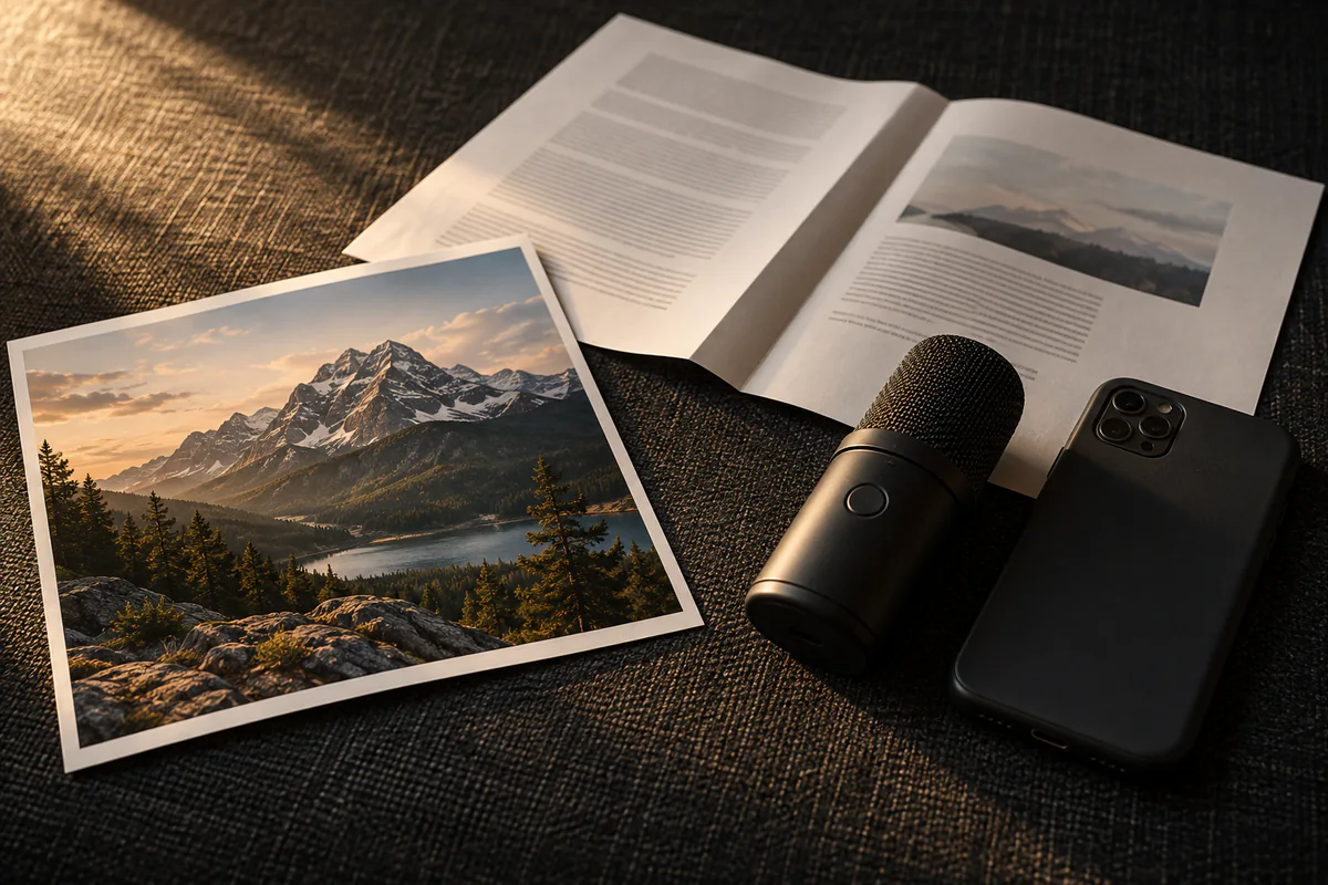 A photograph, printed page, microphone and phone lie together on a table.